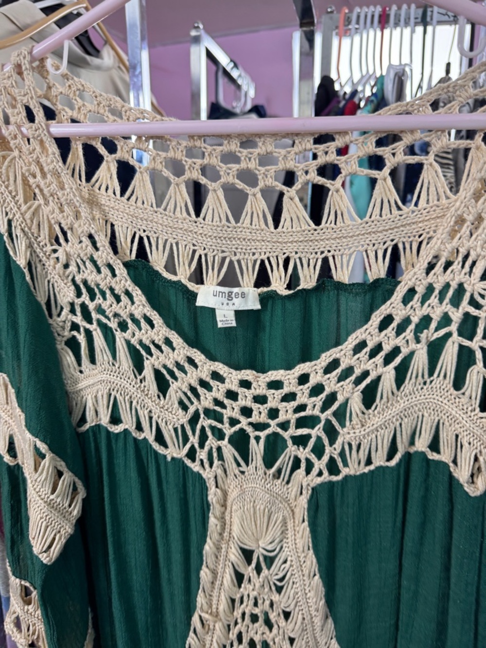 Umgee Green Crochet Lace Asymmetrical Tunic Top L - Picture 4 of 7